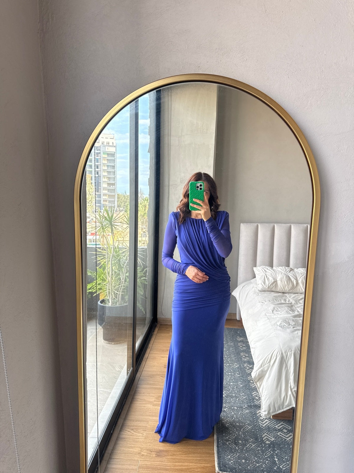 Vestido maxi mangas drapeado azul