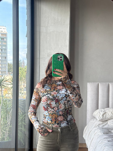 Blusa manga print flores mesh