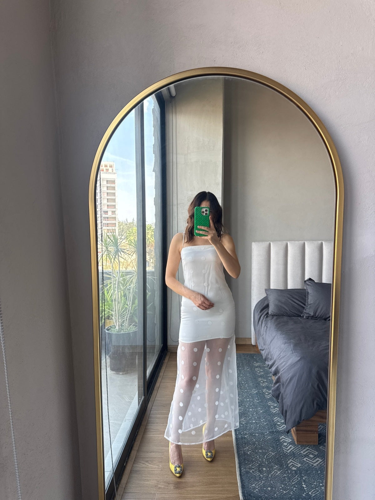 Vestido maxi lunares transparencia crema