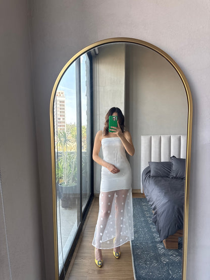 Vestido maxi lunares transparencia crema