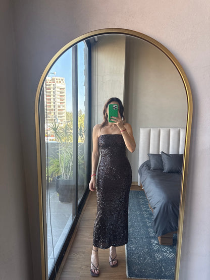 Vestido maxi strapples lentejuelas café