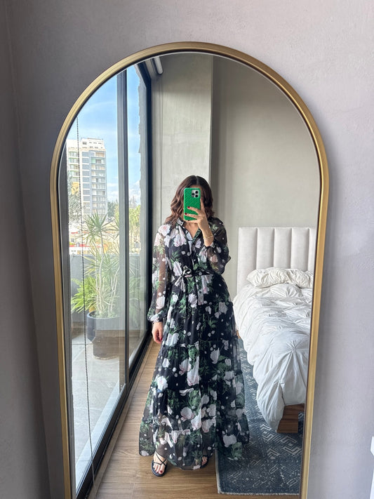 Vestido maxi manga larga print flores