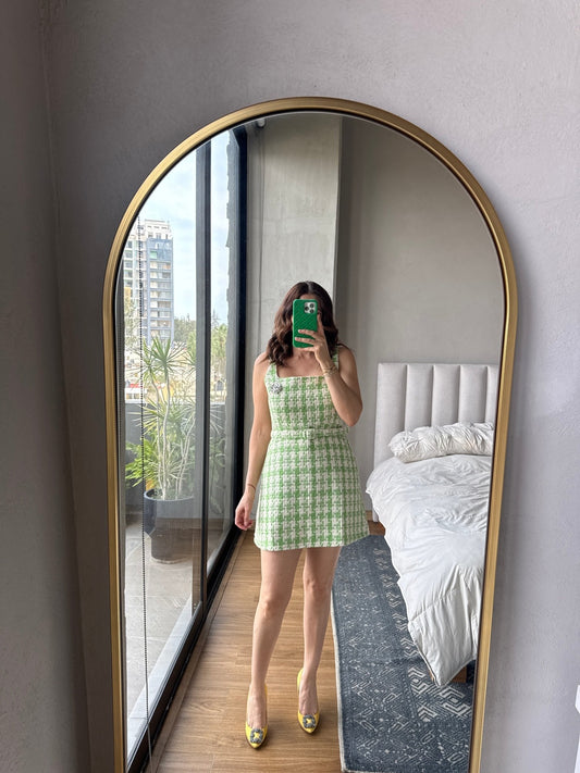 Vestido tweed con cintura y aplicación piedras verde