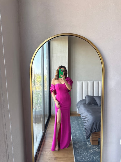 Vestido maxi detalle moño mangas rosa
