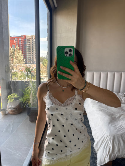 Blusa tirantes satín con lace lunares