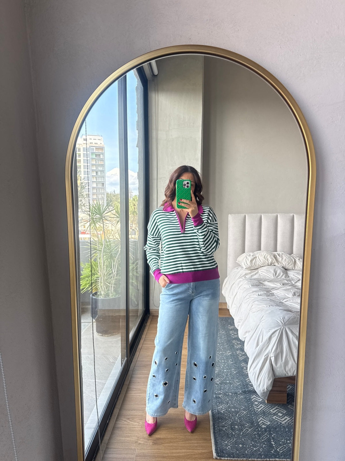 Blusa polo cierre rayas con cuello verde