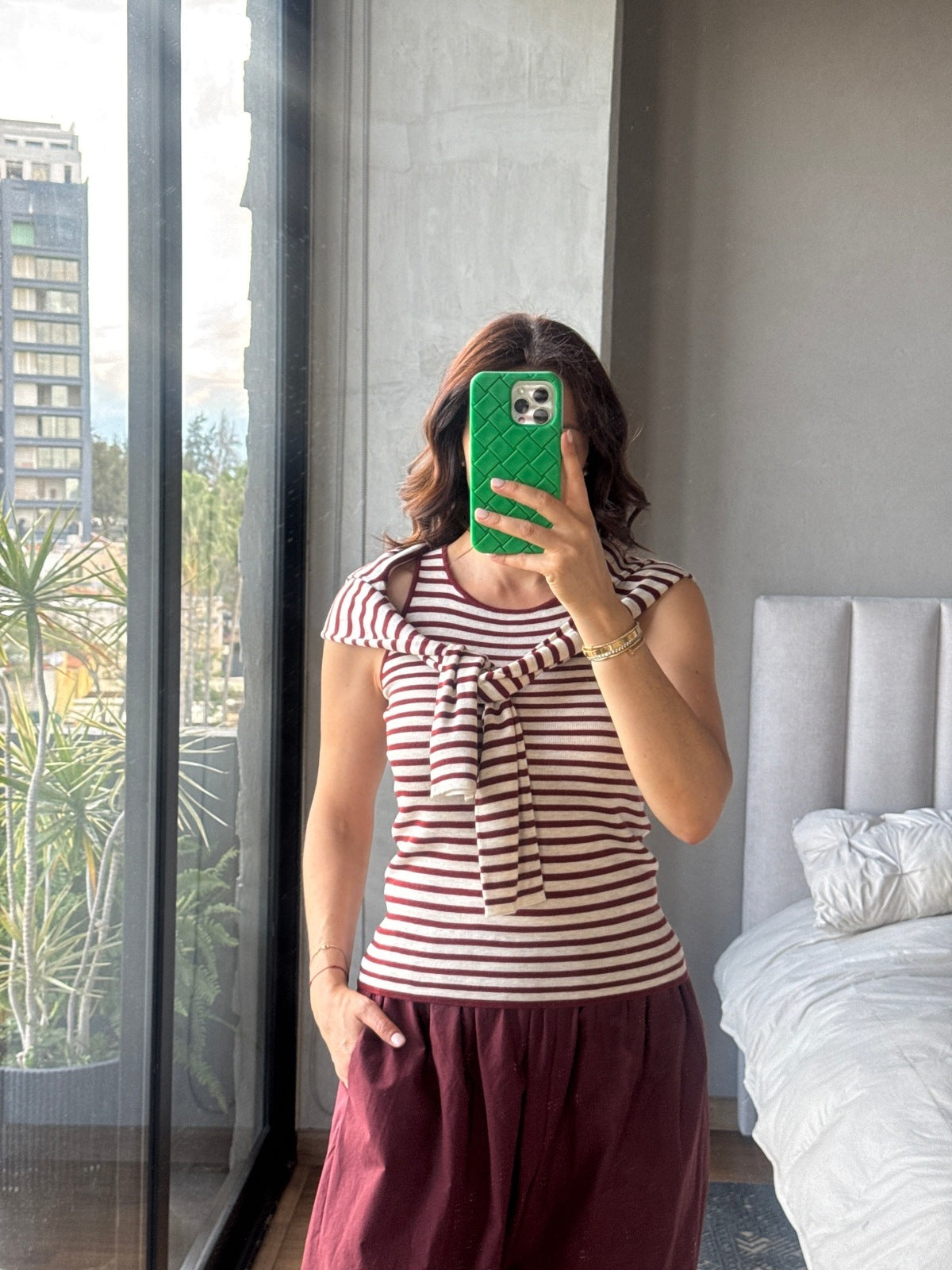 Set tejido rayas blusa manga y tank tinto