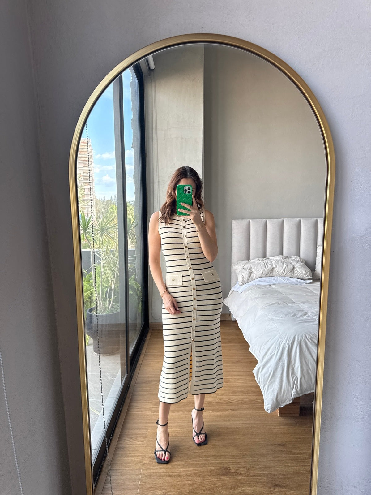 Vestido midi botones y rayas ivory