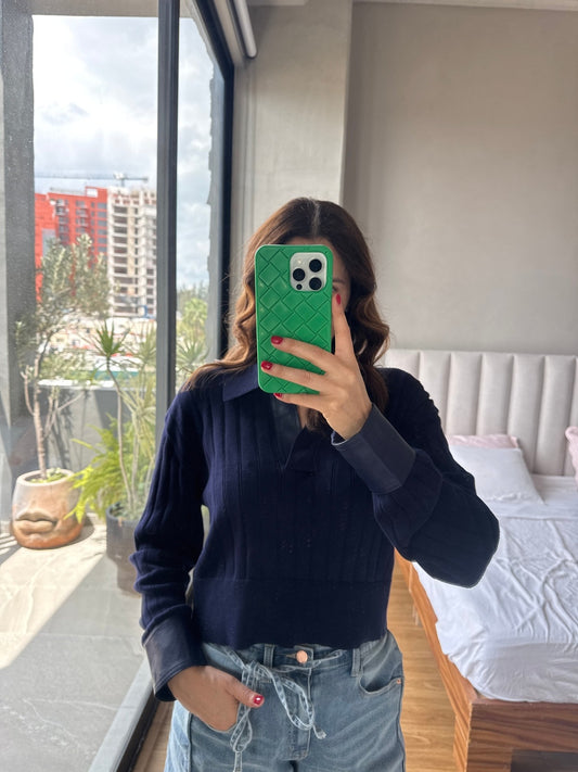 Blusa tejida con cuello tipo piel navy