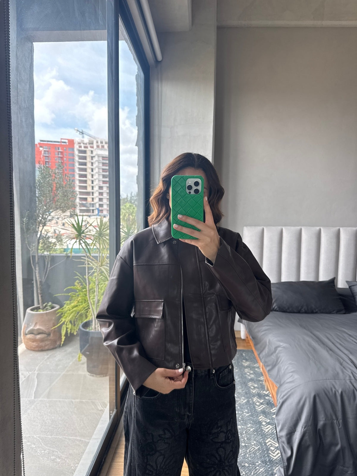 Chamarra cierre faux leather café