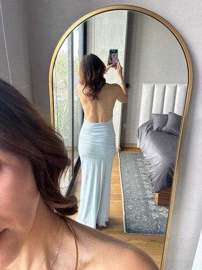 Vestido maxi halter collar baby blue