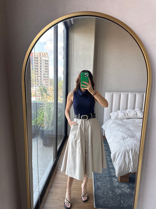 Vestido midi bicolor con cinto
