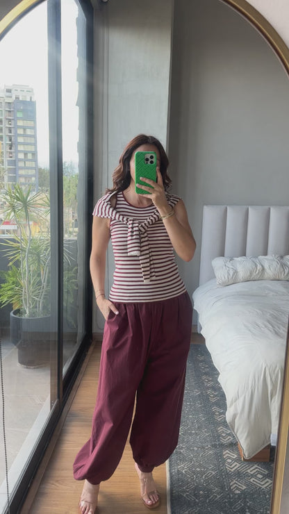 Set tejido rayas blusa manga y tank tinto
