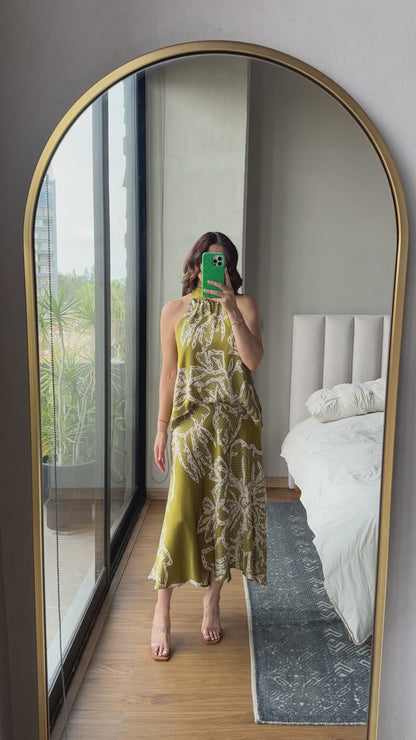 Set blusa cuello sin mangas con falda tonos verdes
