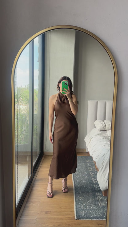 Vestido halter satín café