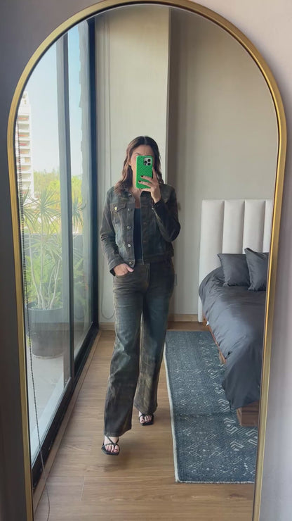 Set chamarra y jeans aterciopelado café