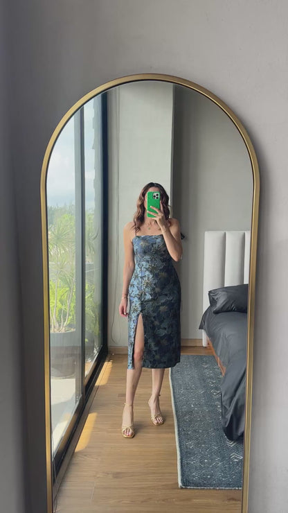 Vestido midi tirantes flores azul con dorado