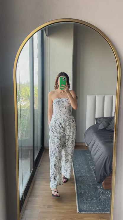 Set blusa strapless y pantalón print blanco