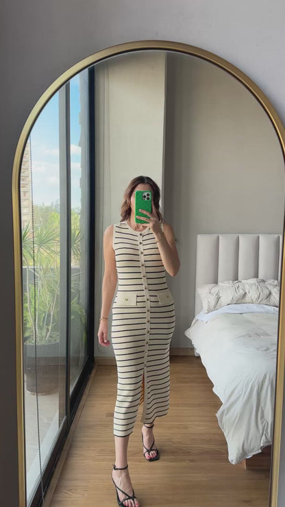Vestido midi botones y rayas ivory
