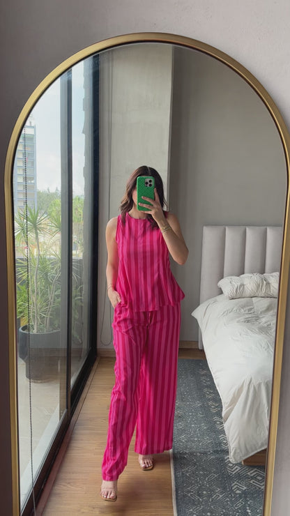 Set blusa y pantalón barrel rayas rojo y rosa
