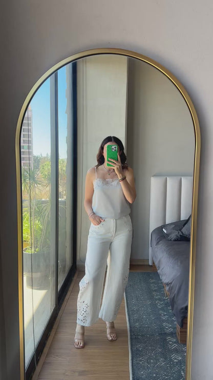 Jeans barrel corte laser blanco