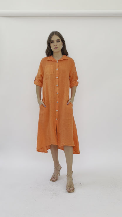 Vestido maxi botones lino naranja