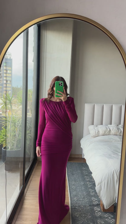 Vestido maxi mangas drapeado magenta morado