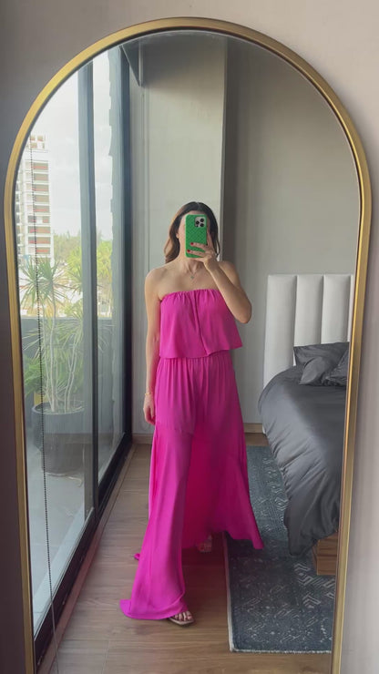 Vestido maxi strapless magenta