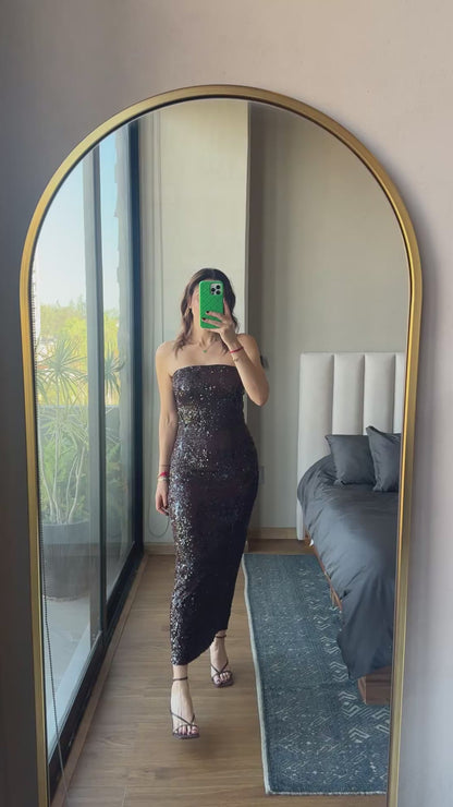 Vestido maxi strapples lentejuelas café
