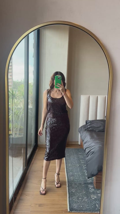 Falda lápiz lentejuelas café