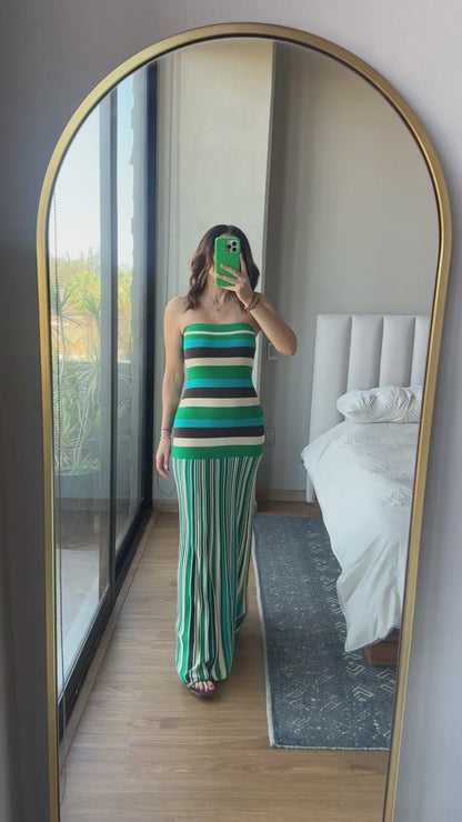 Vestido strapless maxi rayas verde multi