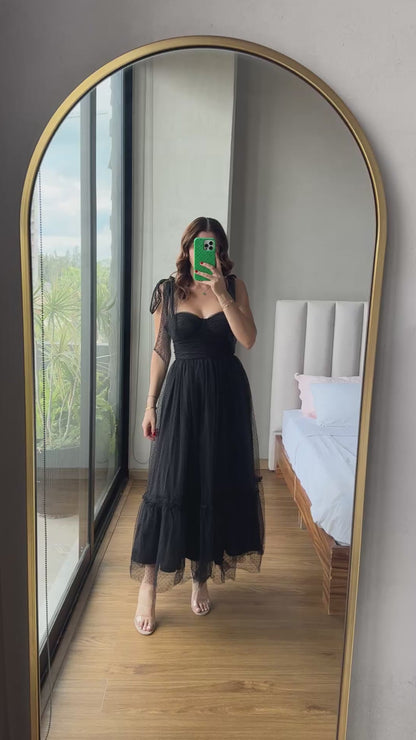 Vestido maxi tul lunares negro