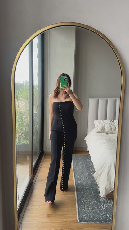 Jumpsuit strapless negro con aplicaciones