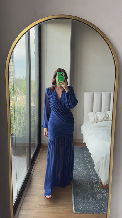 Vestido maxi mangas cuello V azul