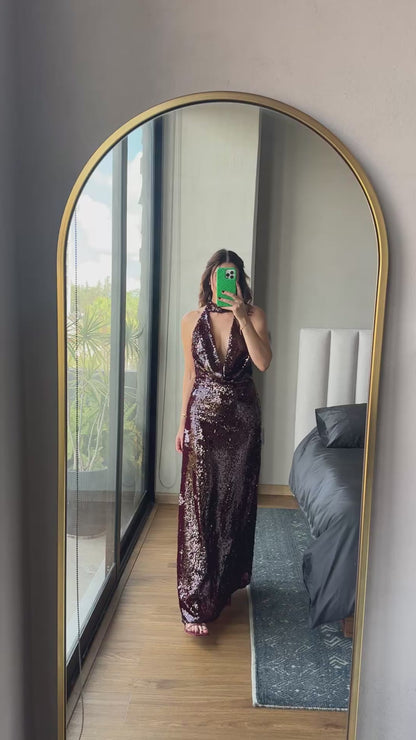 Vestido maxi halter lentejuelas tinto