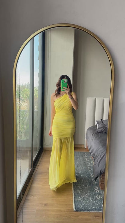 Vestido maxi un tirante mesh amarillo