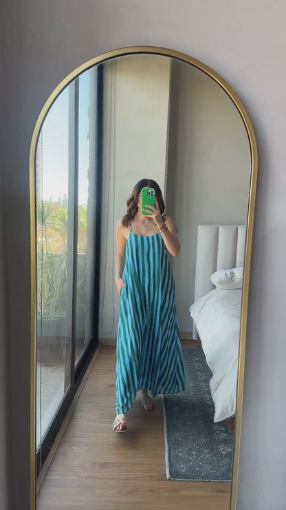 Vestido maxi tirantes líneas verticales azul
