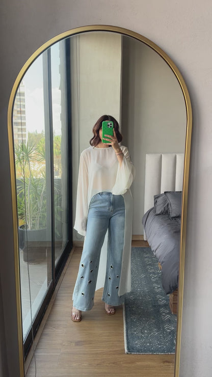 Blusa manga larga crema high low
