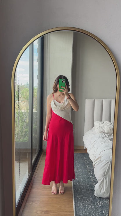 Vestido maxi bicolor avena con rojo