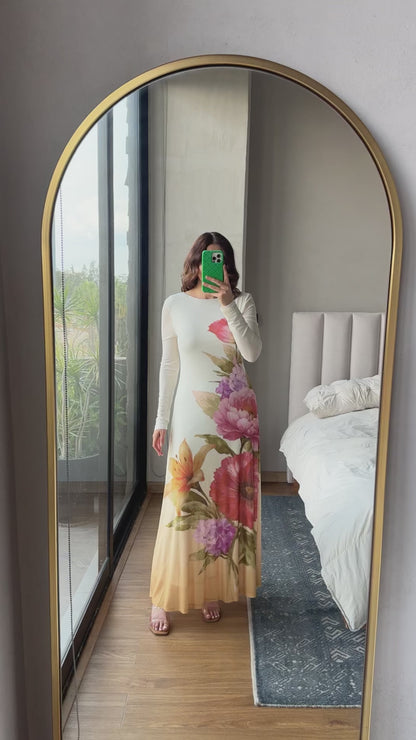Vestido maxi manga larga print flores
