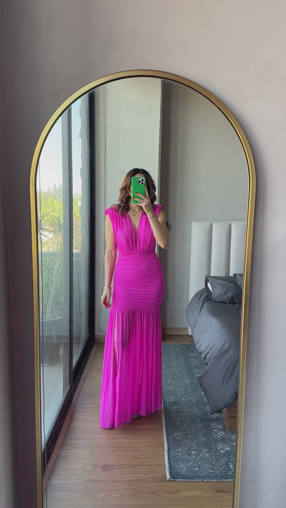 Vestido maxi escote y abierta lateral mesh magenta