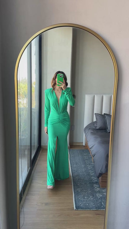 Vestido escote en V maxi manga larga verde