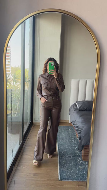 Set blusa y pantalón falre tipo piel café