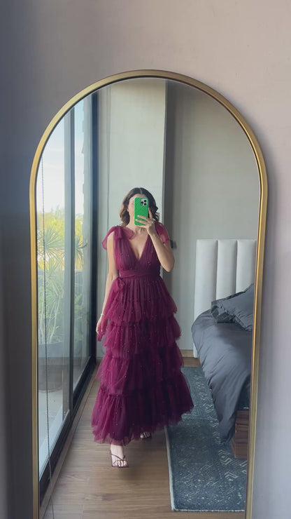 Vestido largo mesh con perlas tul tinto