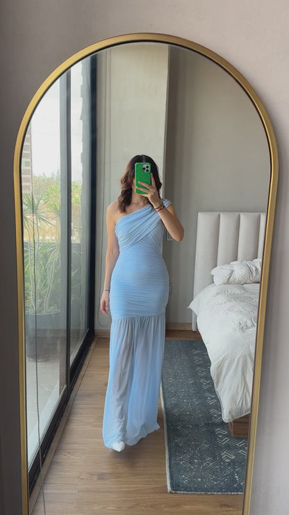 Vestido maxi un tirante mesh baby blue