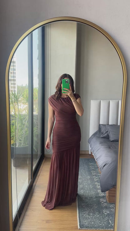Vestido maxi mesh café
