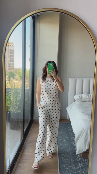 Set blusa y pantalón crema lunares