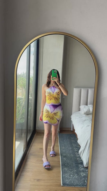 Set blusa halter y falda corta morada y amarillo