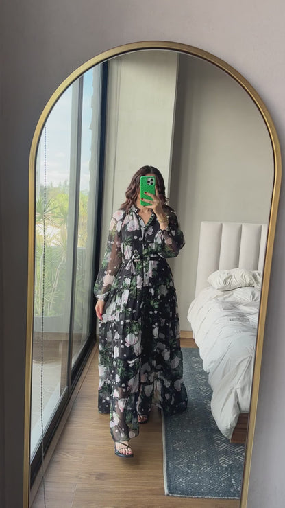 Vestido maxi manga larga print flores
