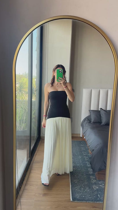 Vestido maxi strapples bicolor